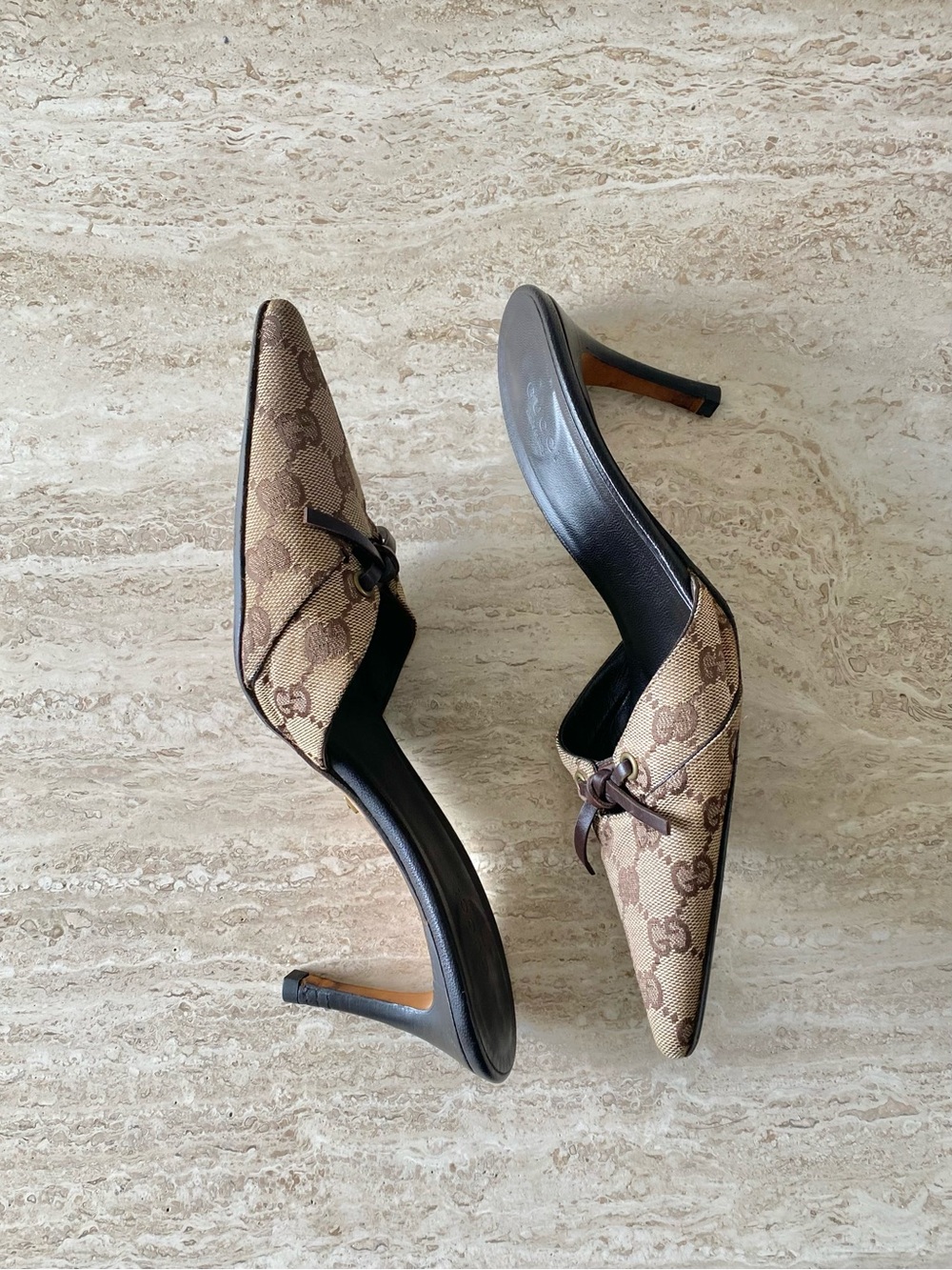 Vintage Gucci GG Canvas Tie Mule Heels - Picture 3 of 11